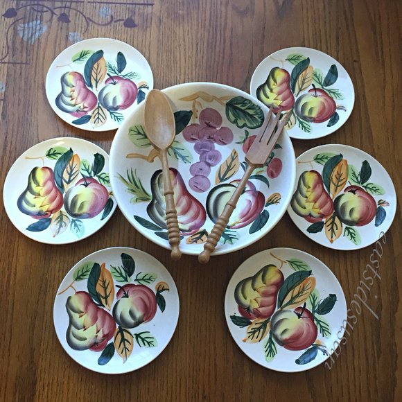 UNUSED 1957 Japan SALAD SET XL Serving Bowl + Plates & Utensils Fruit and Leaves